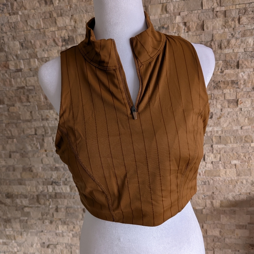 XL Mock Neck Athleisure Crop Top Sports Bra Neutral Tennis Prep Stripes Zip
